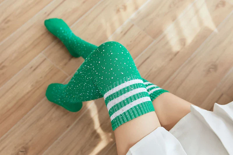 Striped Rhinestones Knee High Socks - Image 10