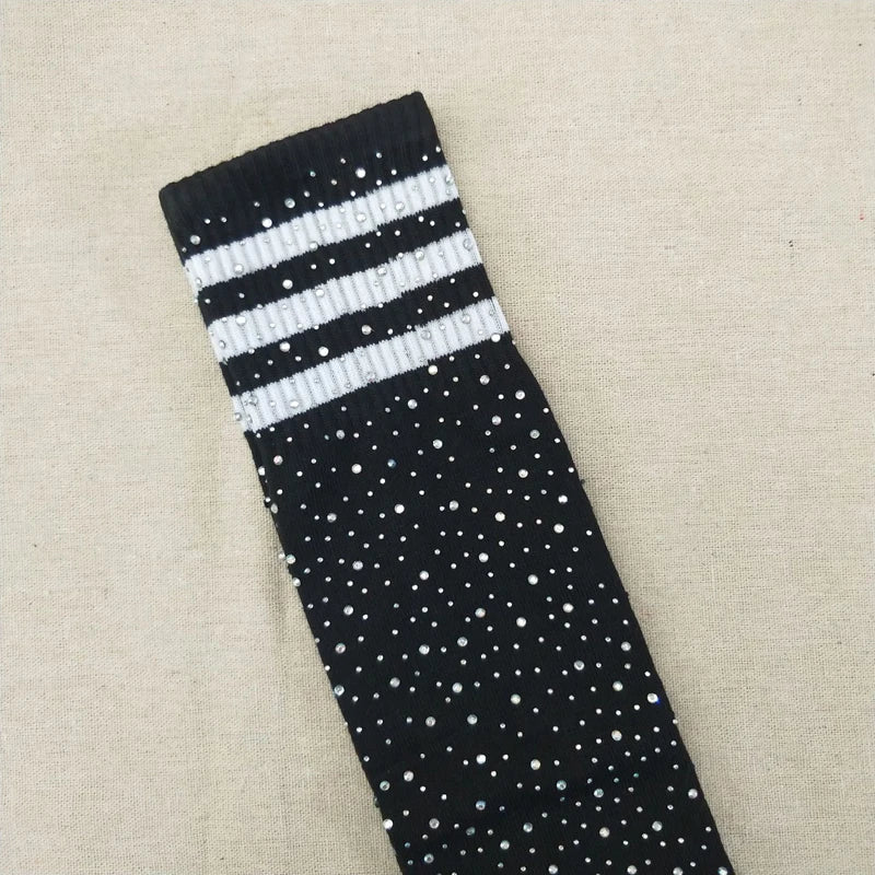 Striped Rhinestones Knee High Socks - Image 11