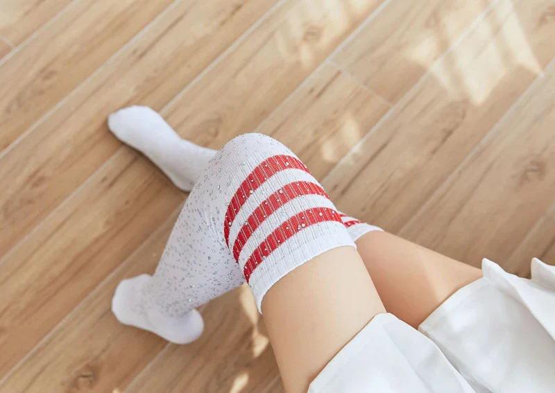 Striped Rhinestones Knee High Socks - Image 13