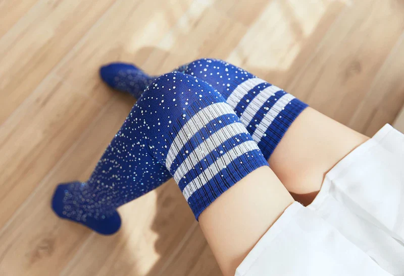 Striped Rhinestones Knee High Socks - Image 7