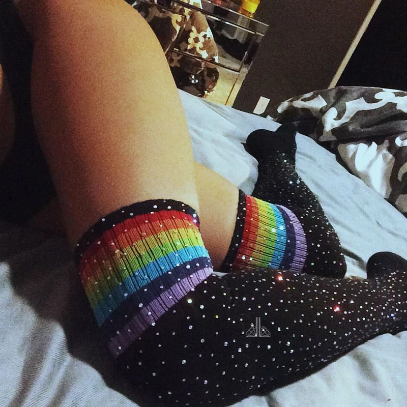 Striped Rhinestones Knee High Socks - Image 9